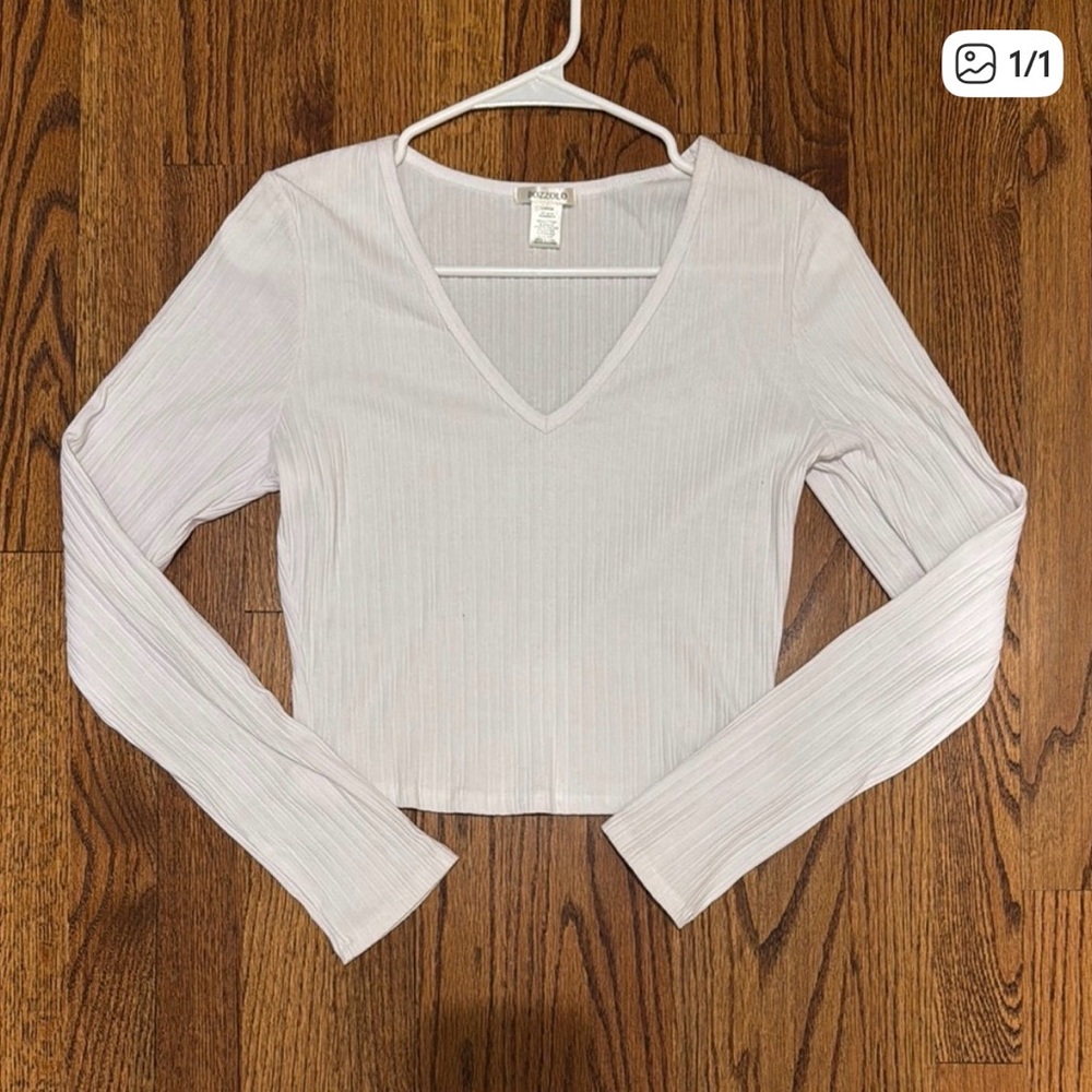 Bozzolo Light Cream Ribbed V-Neck Long Sleeve Top